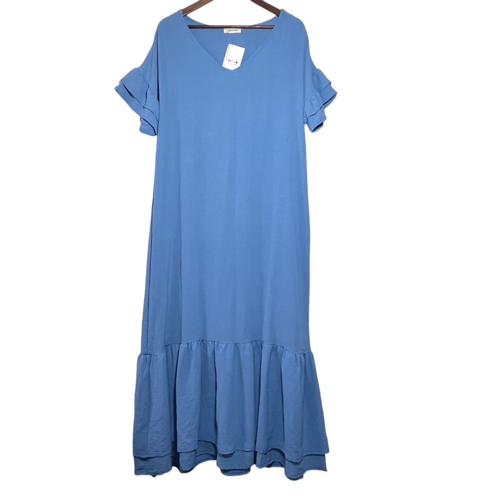 Beeson River Maxi Dress‎ NWT Women's Large Lagenlook Ruffle Drop Waist Blue